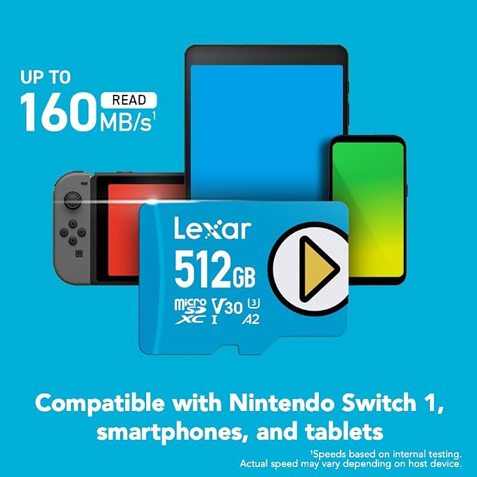 Lexar 512GB Play Blue Micro SD Card, UHS-I, C10, U3, V30, A2, 4K, Up to 160MB/s microSDXC Memory Card, Expanded Storage for Nintendo-Switch 1, Gaming Devices, Smartphones, Tablets (LMSPLBL512G-BNNNU)