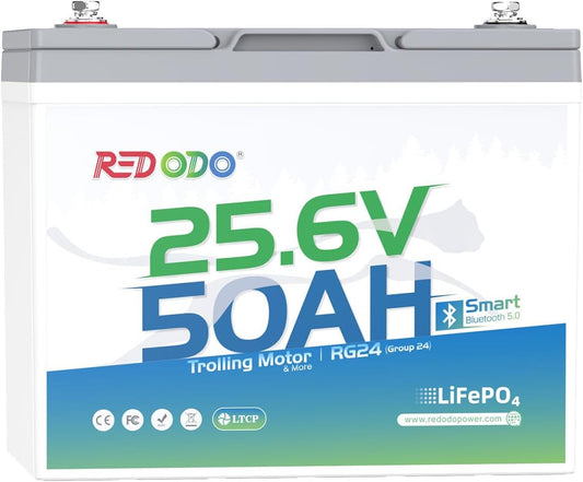 Redodo LiFePO4 Battery Smart Bluetooth 24V 50Ah TM Low-Temp, Lithium Battery Built in 50Ah BMS, 10 Years Lifespan, Perfect for Trolling Motor, Marine, RV, Fishing Finder, Solar and Off Grid