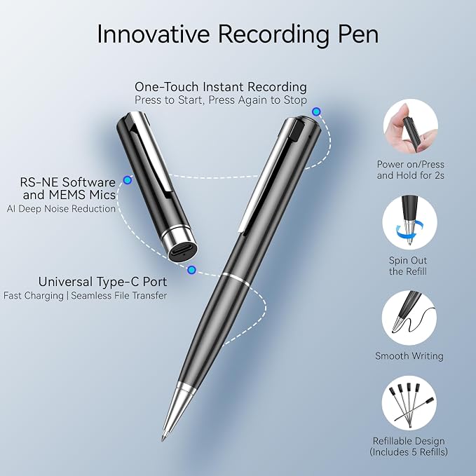 AI Voice Recorder, Note Ai Voice Recorder Transcription Summary & Mind Map, Ai Note Taking Device Supports 150 Languages, App Control, AI Recording Pen for Meetings, Lectures, Interviews, Calls