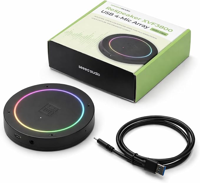 reSpeaker XVF3800 USB Mic Array with Case, 4-Microphone AI Voice Processing, Noise Cancellation & 360° Far-Field Pickup for Raspberry Pi, Jetson & AI Projects