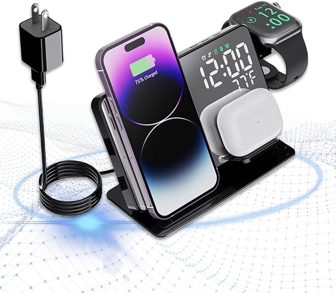 4-in-1 Wireless Charging Station for Apple Devices, 18W Fast Charge Wireless Charger Alarm Clock and Temperature Display, Wireless Charger Stand for iPhone 17 16 15 14 13 12, Apple Watch