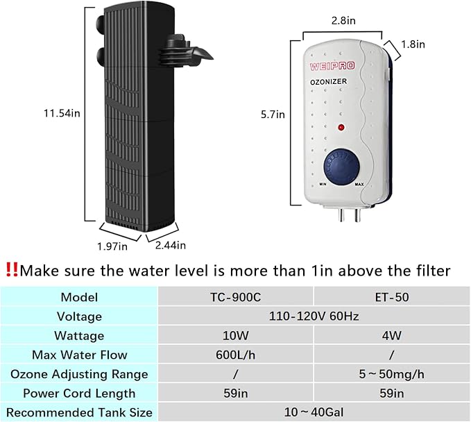 Fish Tank Filter and Aquarium Ozone Generator Set TCE900,Suitable for 10-40 Gallon Fish Tank.