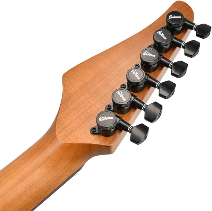 FRETJOYB 18:1 Guitar Locking Tuners 6 in line (6 Right) Tuning Pegs locking Strings Acoustic or Electric Guitar Tuning Keys Machine Heads Replacement-Black