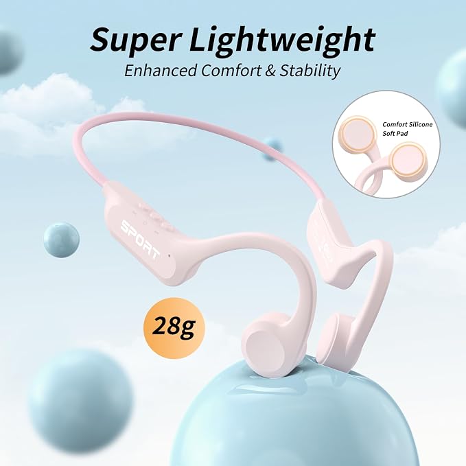 CXK Bone Conduction Earbuds, Open Ear Headphones Bluetooth 6.0, Wireless Headphones 8H Playtime, IPX6 Waterproof Sport Headphones for Sports, Peach
