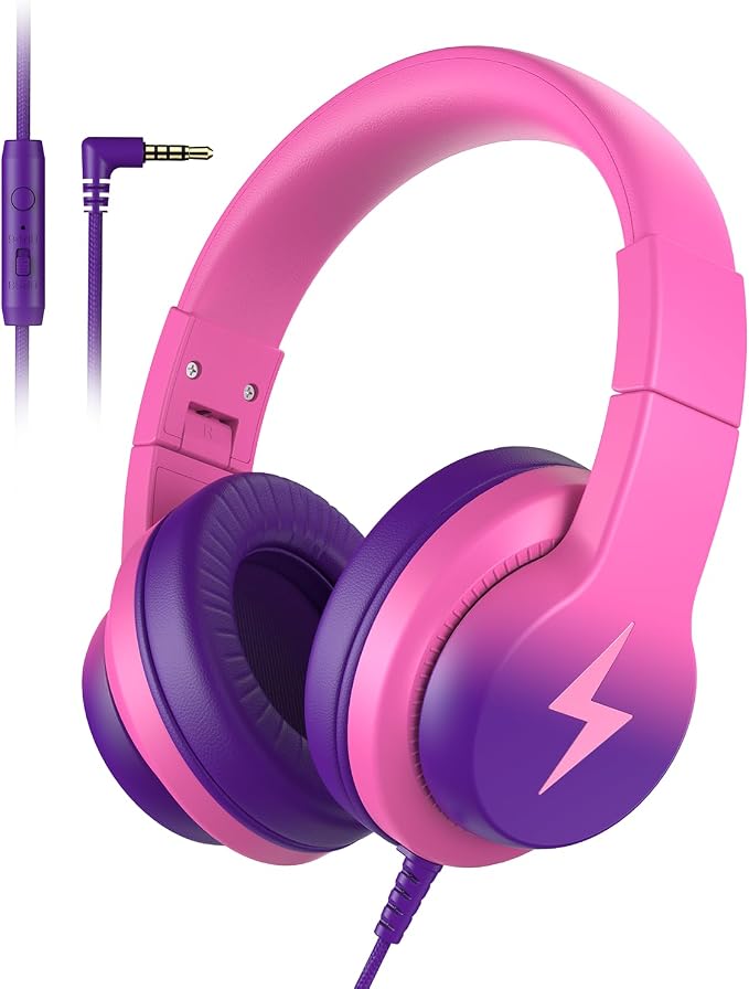 Candy Bila Kids Headphones, Wired Headphones for Kids Over Ear with Microphone, 85/94dB Volume Headphone for Girls Boys, Foldable Headphone for Learning & Entertainment, Deep Purple and Pink