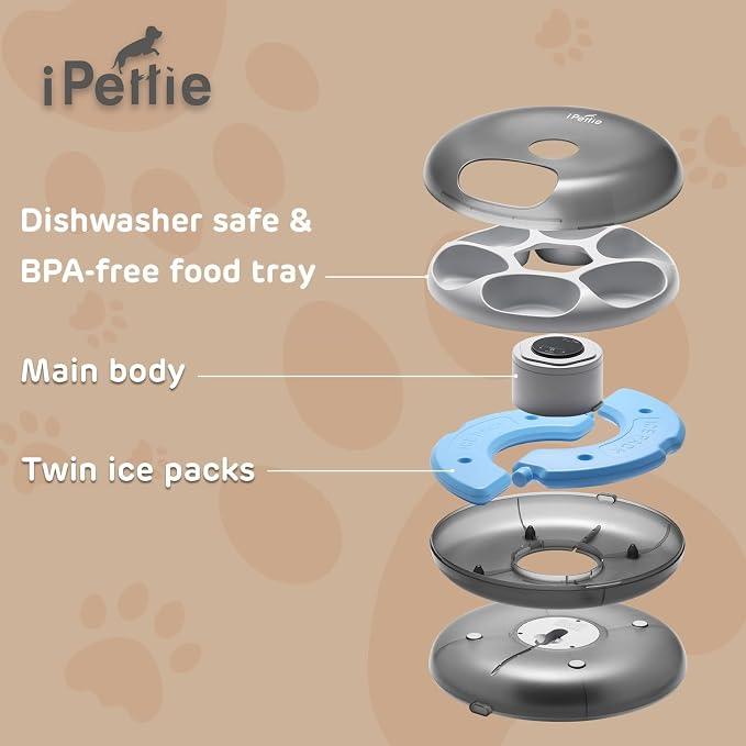 iPettie Donut Frost 6 Meal Cordless Automatic Pet Feeder, Dry & Wet Food Automatic Cat Feeder with Two Ice Packs, Rechargeable Massive Battery, Programmable Timer, Classic Black