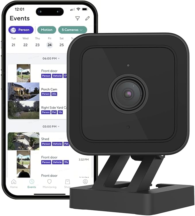 Cam V3 Smart Home Security Camera, Indoor/Outdoor Use, 1080p Plug-in, Color Night Vision, Motion Detection, Two Way Audio, Compatible with Alexa, Google Assistant, Black