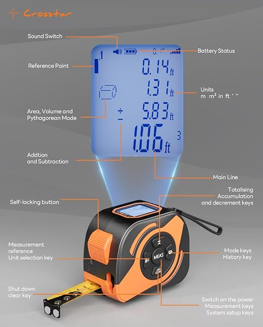 Crosstar 2-in-1 Laser Tape Measure 197ft, 532nm Green Beam, 16ft Manual Tape w/Matte Blade, LCD Display with Tilt Angle, Pythagorean Mode, Magnetic Hook for Construction Woodworking
