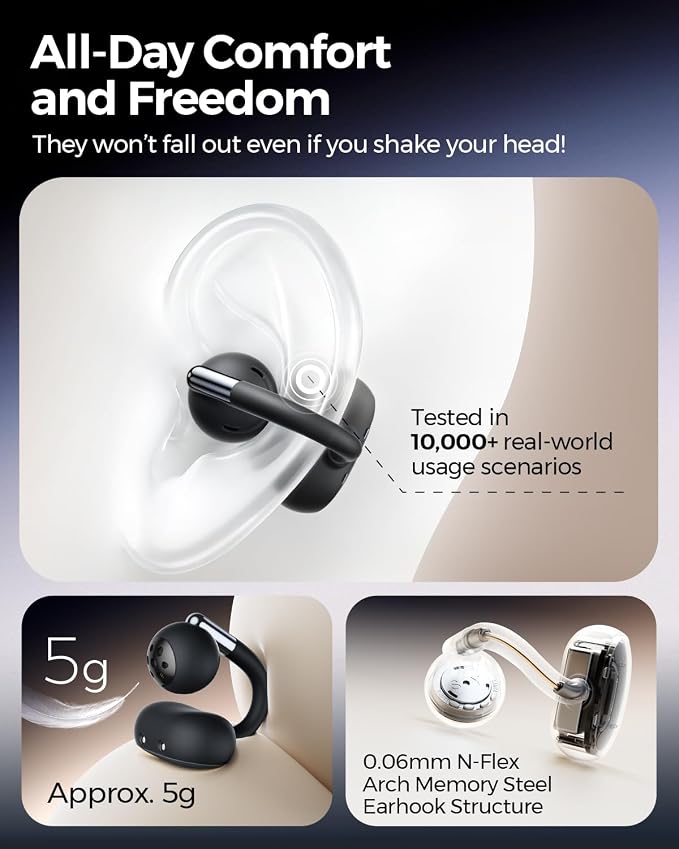 SoundPEATS Clip1 Ultra Comfort Open Ear Clip-On Earbuds, Secure Fit for Running Gym Workouts, 40H Hi-Res Sound with LDAC & Dolby, Fast Charging, IPX5 Waterproof, Bluetooth 5.4