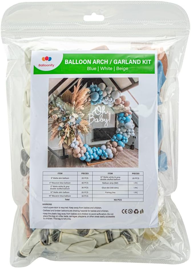 Restaurantware-Balloonify Balloon Garland Set, 1 Party Decoration Kit - 160 Balloons, With Chain, Blue, White, & Beige Latex Balloon Arch Kit, Includes Glue Dots