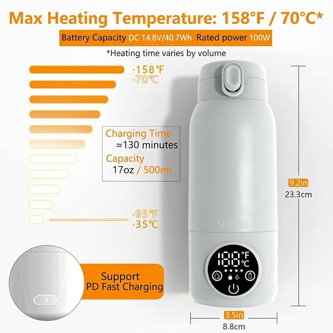 Portable Bottle Warmer, 17oz Milk & Water Warmer for Travel, Efficient Heating with Preset Temperature, PD Fast Charging, IPX6 Rinseable