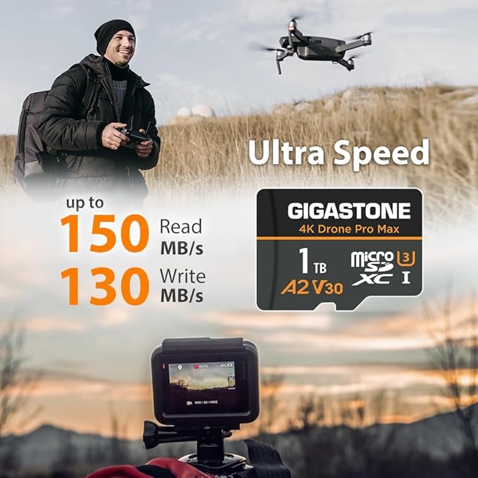 【5-Years Data Recovery】【Designed for Drone】 GIGASTONE 1TB Micro SD Card, 4K Drone Pro Max, A2 V30 for DJI Drone, 4K UHD Video Recording, R/W up to 150/130 MB/s, UHS-I U3 C10 Class 10 with Adapter