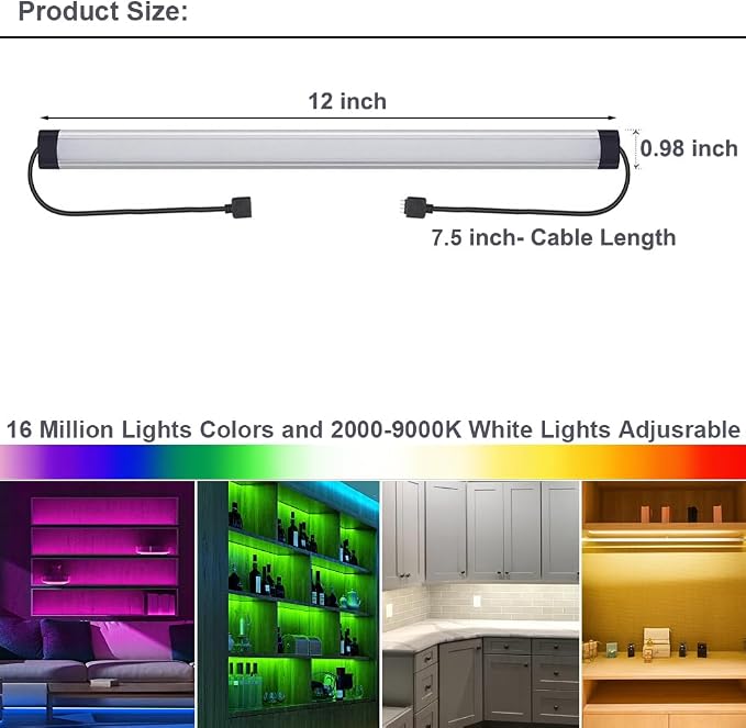 Under Cabinet LED Lighting, Dimmable Under Counter Lights, WiFi Smart Controlled,RGB,12 Inch, Multicolor Linkable Lamps with Remote Control, Compatible with Alexa Google Home (9 Pack)