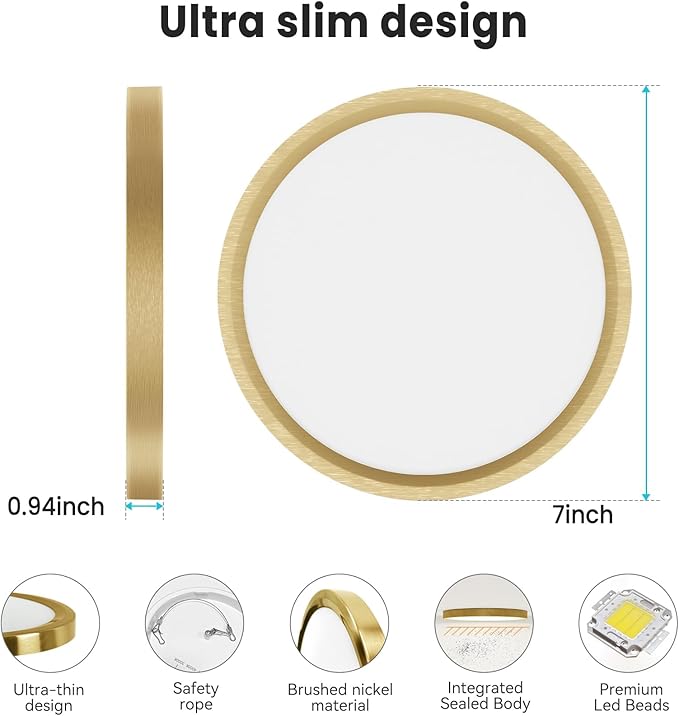 libtit 7 Inch Golden Flush Mount Ceiling Light, 15W Aureate Ceiling Light Fixture, 3000K/4000K/6500K Color Selectable, Gilded Round Ceiling Lighting for Bedroom Kitchen Pantry