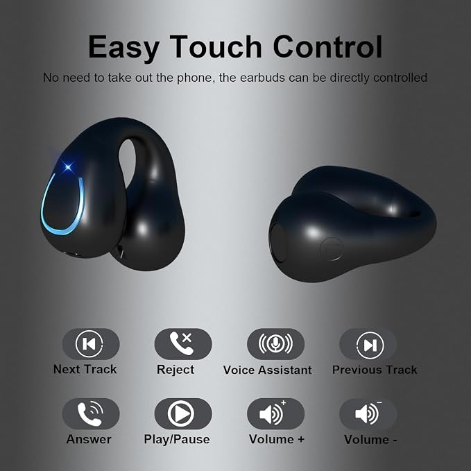 Open Ear Bone Conduction Headphones Bluetooth 5.3 Wireless Clip On Earbuds with Digital Display Charging Case 60 Hours Playtime Sport Earphones Built-in Mic IPX7Waterproof for Running Fitness Exercise