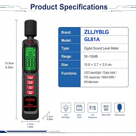 Noise Decibel Meter, Noise Meter, Decibel Meter, Digital Sound Level Meter, 30dB to 130dB Audio Noise Measurement Equipment, LCD Backlight Display, MAX/MIN Data Retention, Automatic Power-Off