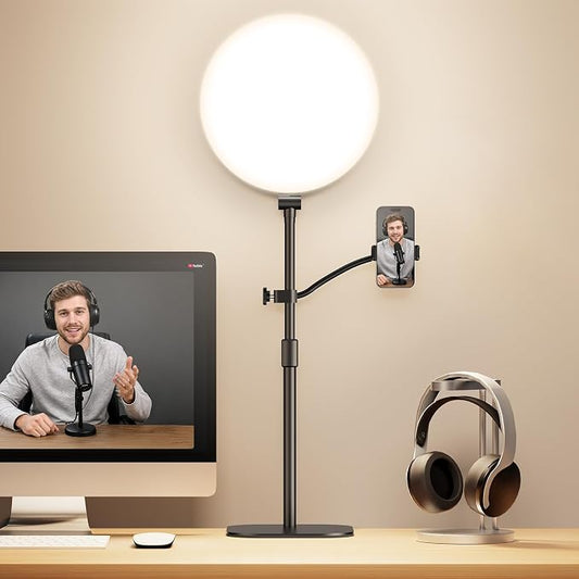 Full-Panel Ring Light with Stand and Extra-Long Flexible Phone Arm for Podcast & Streaming, 10" LED Video Light for Desk, Laptop & Computer, Dimmable Studio Lighting for Recording & Content Creation