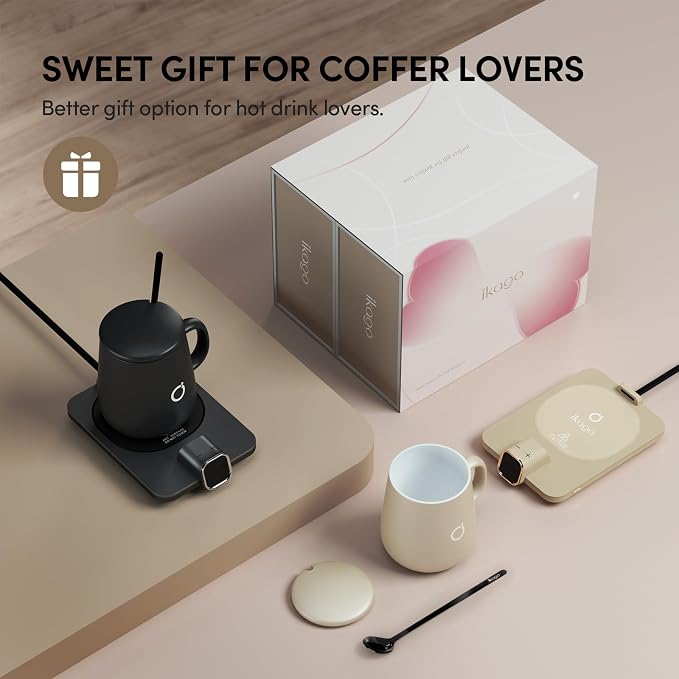 2Pcs Heated Coffee Mug Warmer & IKAGO Mug Set - Heated Mug Warmer Plate with Auto Shut Off, 1°F Precise Electric Coffee Warmer Plate for Desk, Cool Valentine's Day Gift for Couple Women and Men