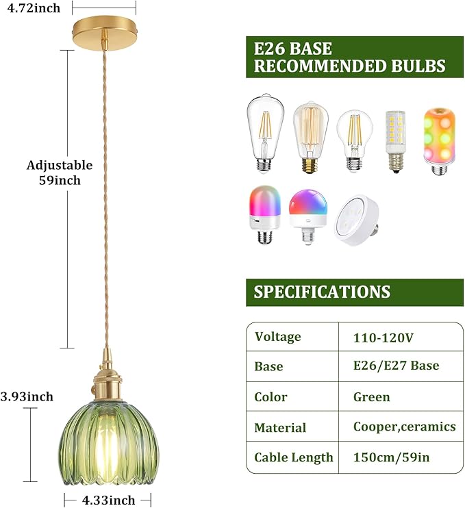 Shenmoyl Pendant Light with Green Tulip Glass Lmapshade, Brass Vintage Pendant Light Adjustable Hanging Light for Kitchen Island Dining Room Hallway