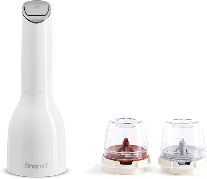 FinaMill Classic Battery Spice Mill – Battery Operated Salt and Pepper Grinder Set, Includes 2 Interchangeable Spice Pods, Adjustable Coarseness, LED Light, Home and Kitchen Gift Set for Father's Day