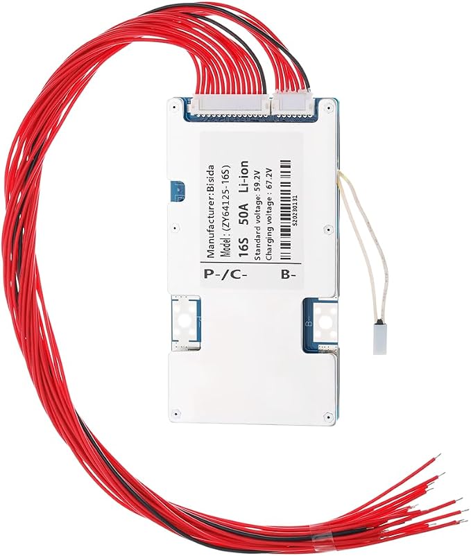 16S BMS 60V 50A Li-ion PCB Protection Board with Balance Wire and NTC,Ten Functional protections, Common Port, for Solar Energy Storage, Balance Car Lithium-ion Battery Pack (16S 60V 50A)