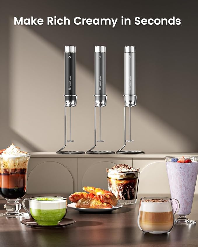 Maestri House Rechargeable Milk Frother with Stepless Speed Control, LunaFro Max Handheld Electric Foam Maker Waterproof Drink Mixer Foamer with Stand & Detachable Whisks for Lattes, Cappuccino