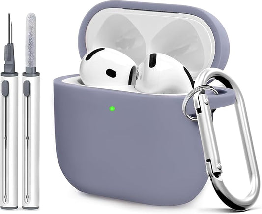 for Airpods 4th Case Cover, Come with Cleaner Kit,Soft Skin Silicone Case Cover with Keychain, Full Protective Case for Men and Women, Compatible with AirPods 4th Generation Case,Grey Blue