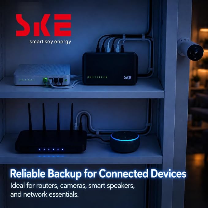 SKE DC20000 Plus Altair - Mini DC UPS 20000mAh Battery Backup & Surge Protector for Router & Modem - Compact, Portable Uninterruptible Power Supply with 5V/9V/12V Outputs, USB & Type-C Charging, WiFi