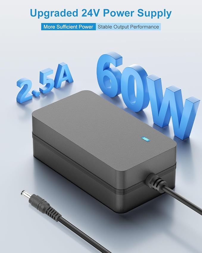 ALITOVE 24V Power Supply 2.5A 60W AC Adapter 100-240V 50-60Hz 24 Volt Transformer Power Cord 2 Amp 1500mA 1A Converter 6.2FT with 14 Tips for LED Strip Light CCTV Camera DC Pump Router