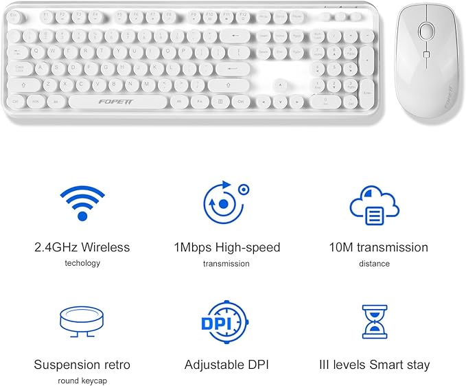 Wireless Keyboard and Mouse | Cute Colorful Keyboard and Mouse with 2.4GHz Cordless Retro Typewriter Keyboard | Auto-Sleep | USB Receiver for Windows PC/Laptop - White