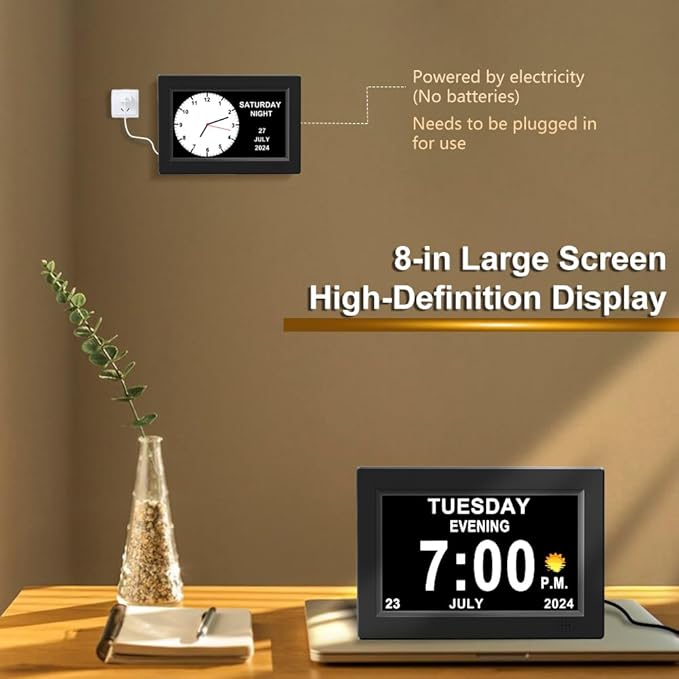 CAZOKASI 8inch Extra Large Impaired Vision Digital Alarm Clock with Day and Time for Elderly Calendar Clock No Battery Plug-in Power Outage Memory DST Auto Dimmable Clock