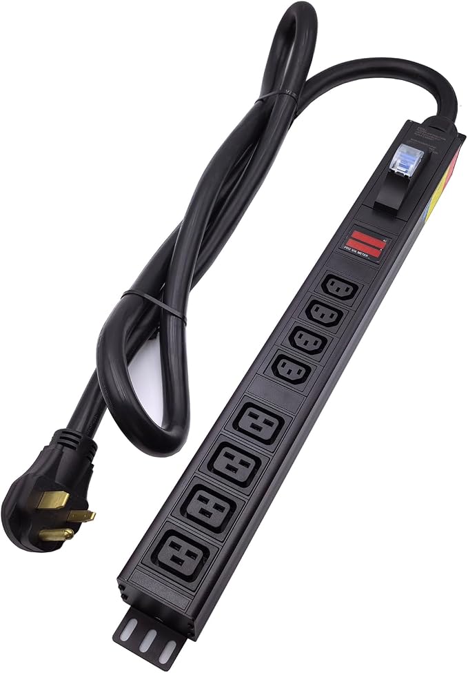 50 Ampere Rack Mounted PDU Power Socket, 4-Position C13+4-Position C19 Combination Circuit Breaker Protection, Aluminum Alloy Shell, 6-Foot 8AWG Cable Voltage and Current Display Instrument(C13-08-D)