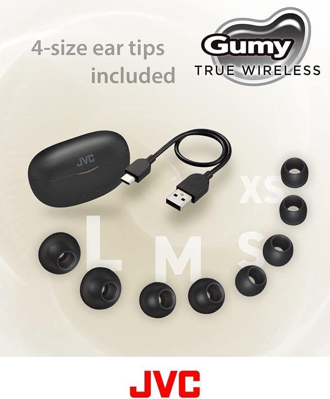 JVC Gumy True Wireless Earbuds, Bluetooth 5.3, Charging Case, 24-Hour Playback, IPX4 Water Resistant, Comfortable Secure Fit with XS/S/M/L Earpieces, Built-in Mic for Calls, iPhone/Android/PC - HAA7T2