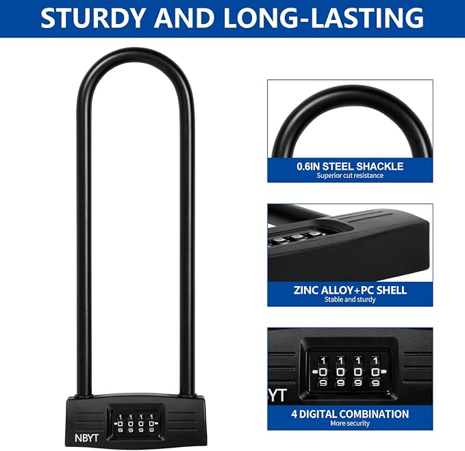 Bike Lock u Lock Combination,Resettable Code,Long Shackle,Heavy Duty Padlock for Bicycle, Scooter,Motorcycles, Metal Fence Gate,Pool Door,Anti Theft.