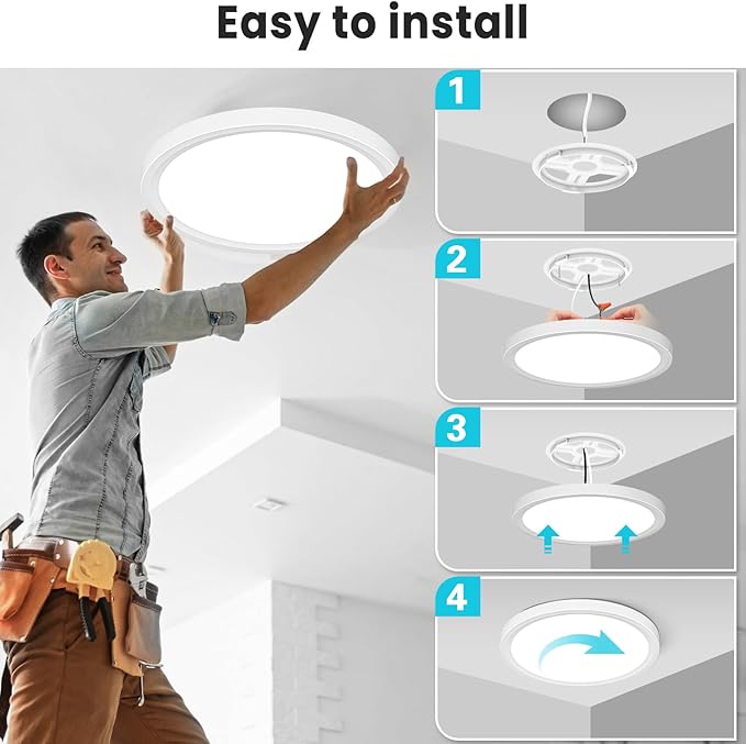 libtit 16Inch Flush Mount LED Ceiling Light Fixture, 3000K 4000K 6500K Adjustable, 36W 3600lm White Satin Round Ceiling Lamp for Bathroom Shower Hallway Kitchen, 1 Pack