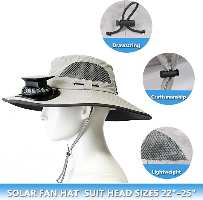Solar Fan Hat Rechargeable 2Detachable Solar Fans,Water-Repellent Wide Brim Bucket Hat, Outdoor Camping Hiking Golf Sun Hat