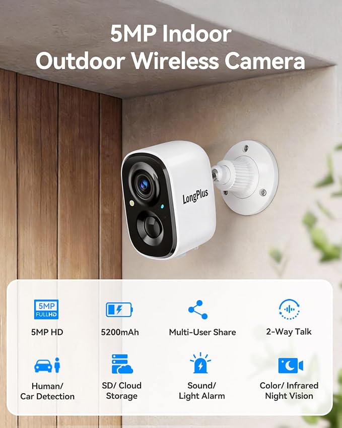 LongPlus 3K Security Cameras Wireless Outdoor, Battery Smart Camera for Home Security, Support 2.4G/5GHz, 24/7 Recording, Color Night Vision, AI Motion Detection, SD Card/Cloud, Two-Way Talk (White)
