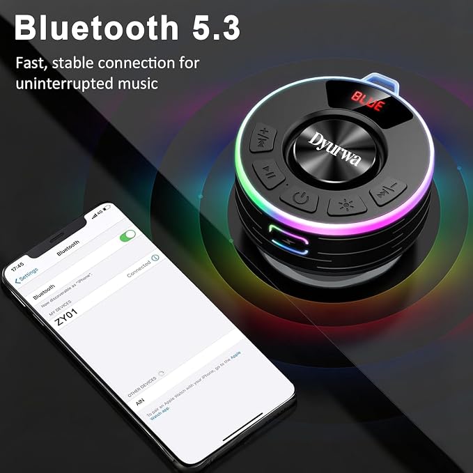 Bluetooth Shower Speaker, IPX7 Waterproof Shower Speaker with Loud Clear Sound, LED Display/RGB Lights/Suction Cup, Built-in Mic, 10H Playtime, Bathroom Speaker for Pool/Beach/Party/Gift.