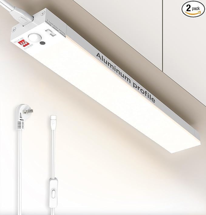 Under Cabinet Lighting Plug in, AC120V 3CCT 3000/4000/5000K Motion Sensor Light Indoor with Timer, Super Bright Linkable LED Counter Light for Kitchen, Closet, White 12 Inch, 2Pack
