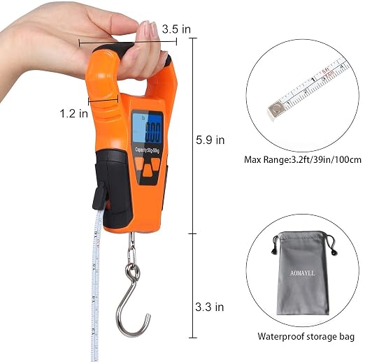 Waterproof Fishing Scale with Ruler, Luggage Scale, Weight Hanging Hook Scale,110lb/50KG-Backlit LCD Display.Waterprof Bag and 2 AAA Batteries Included (Orange)
