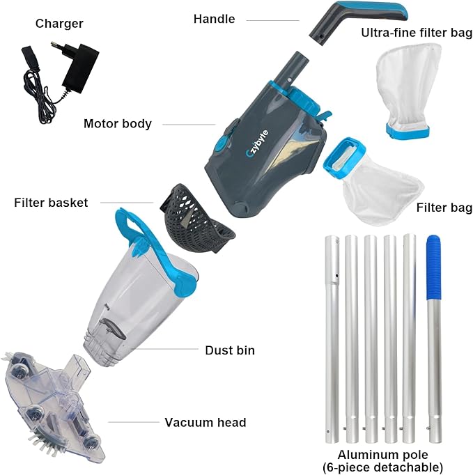 Handheld Pool Vacuum Cleaner, Rechargeable Pool Bottom Cleaner with Strong Suction, 1 H Runtime, 89 inchs Extension Pole,for Above Ground/Inground Pools, Spas and Hot Tubs, Grey