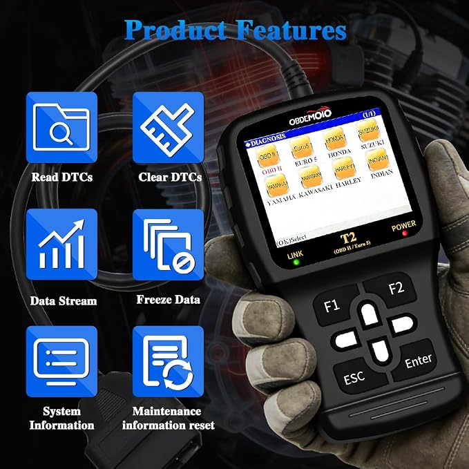 T2 Motorcycle Scanner, OBD2 Motorcycle Scan Tool, Euro 5 3.5'' LCD Motorbike Diagnostic Tool, Code Reader with ECU Scan, Service Reset for Harley Indian Honda Yamaha Kawasaki Suzuki