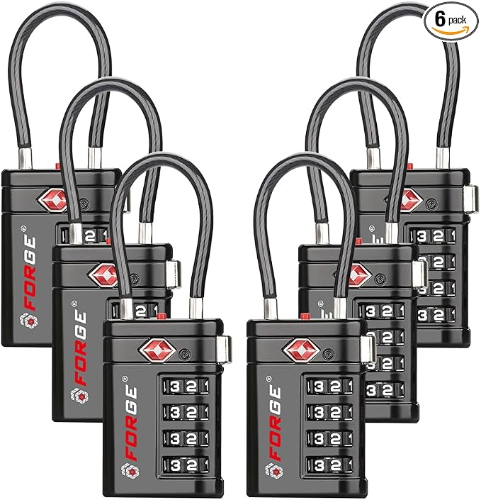 Forge TSA Approved Luggage Locks 4 Digit Combination TSA Travel Locks with TSA008, Open Alert Indicator, Zinc Alloy Body for Luggage, Suitcase, Backpack, and More. Black 6 Locks.