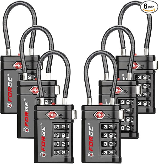 Forge TSA Approved Luggage Locks 4 Digit Combination TSA Travel Locks with TSA008, Open Alert Indicator, Zinc Alloy Body for Luggage, Suitcase, Backpack, and More. Black 6 Locks.