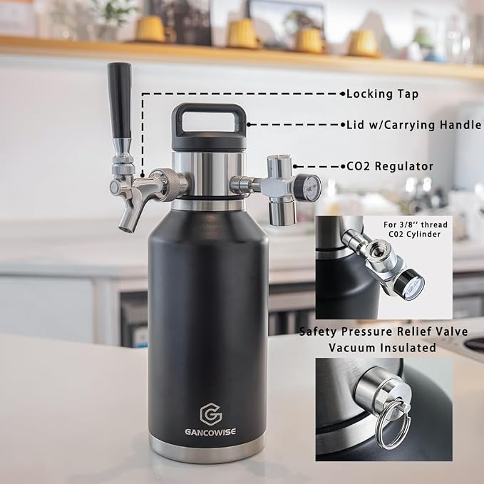 128oz Double-Walled Mini Keg Growler, Stainless Steel Vacuum Insulated Home Dispenser System with Detachable Faucet & Regulator Keeps Homebrew, Craft, and Draft Beer Carbonated and Fresh