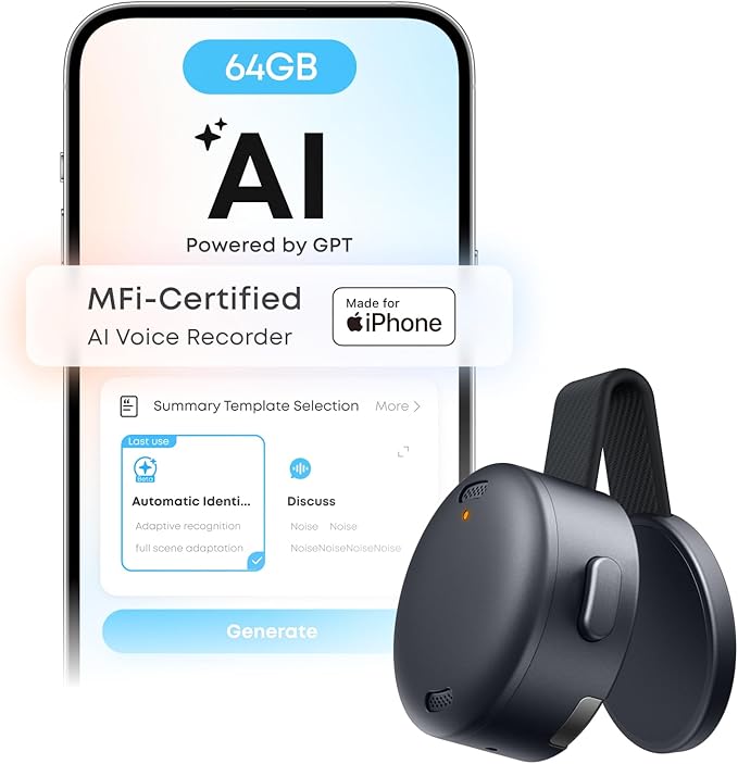 soundcore Work AI Voice Recorder by Anker, Wearable Note Taker for Meetings, Transcribe and Summarize, MFi Certified, 64GB, 150+ Languages, USB-C Charging