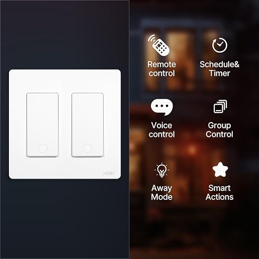 MOES Smart Single Pole Light Switch, 2.4GHz WiFi Wall Switch, Needs Neutral Wire, Multi-Control, Smart Life/TUYA APP Control, Voice Control with Alexa/Google Home, White 2 Gang
