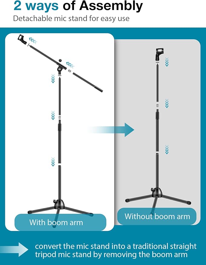 InnoGear Microphone Stand, Boom Arm Mic Stand Floor Detachable Height Adjustable Heavy Duty with Mic Clip Holder Metal Base for Blue Yeti HyperX QuadCast Shure SM58 Samson Q2U Fifine K669B