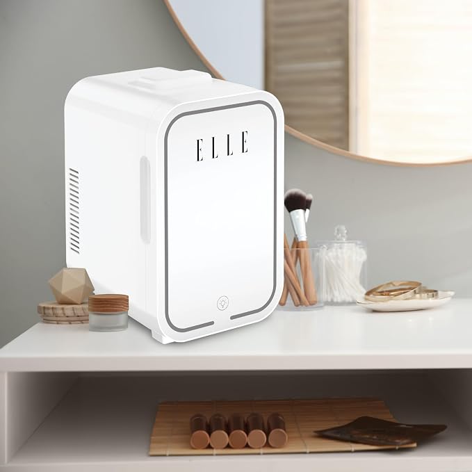 ELLE 8L Mini Cooler Fridge with LED Makeup Mirror for Skincare & Cosmetic Storage Cooler & Warmer Removable Shelf Carrying Handle AC DC Power Options Small Refrigerator for Bedroom Car Office White