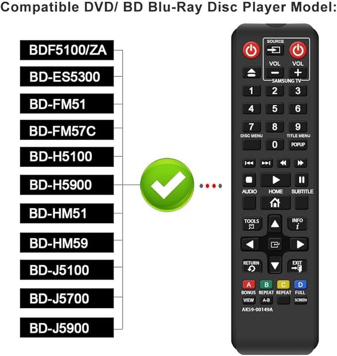 Gvirtue AK59-00149A Remote Replacement for Samsung DVD BD Blu-Ray Disc Player Remote, Applicable BDF5100/ZA BD-ES5300 BD-FM51 BD-FM57C BD-H5100 BD-H5900 BD-HM51 BD-HM59 BD-J5100 BD-J5700 BD-J5900